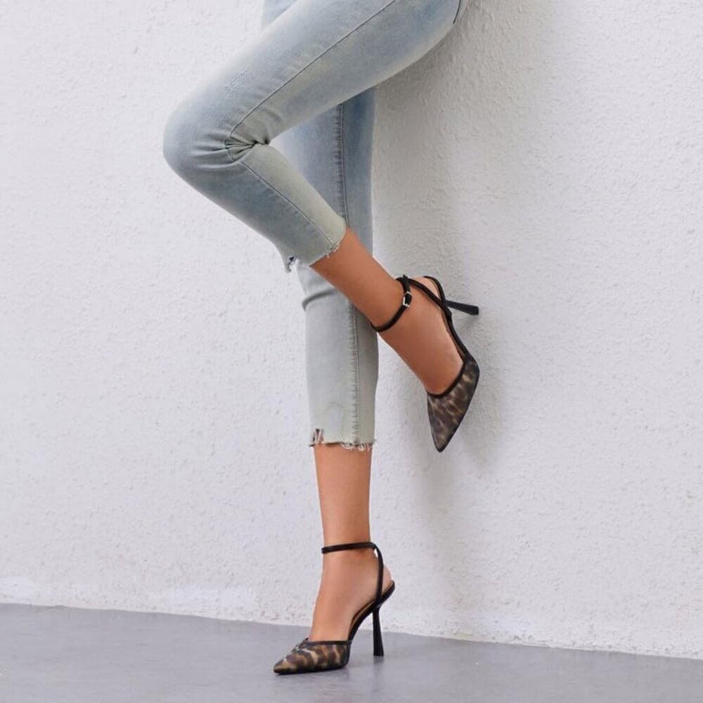 Close Toe Ankle Strap Women Leopad Heel Pointed Toe Stiletto Pumps Wedding Shoes - Picture 5 of 7